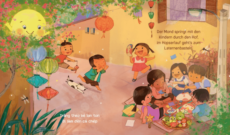 Kinderbuch, Bilderbuch, deutsch - vietnamesisch "Vergnügt wandert der Mond", Horami Verlag