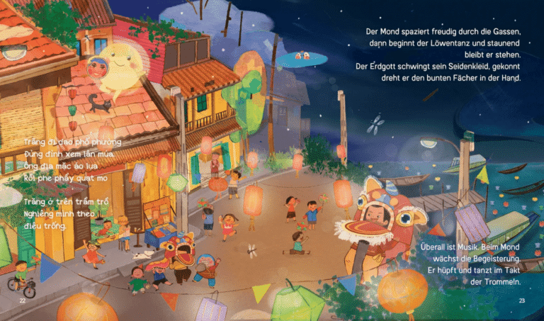 Kinderbuch, Bilderbuch, deutsch - vietnamesisch "Vergnügt wandert der Mond", Horami Verlag