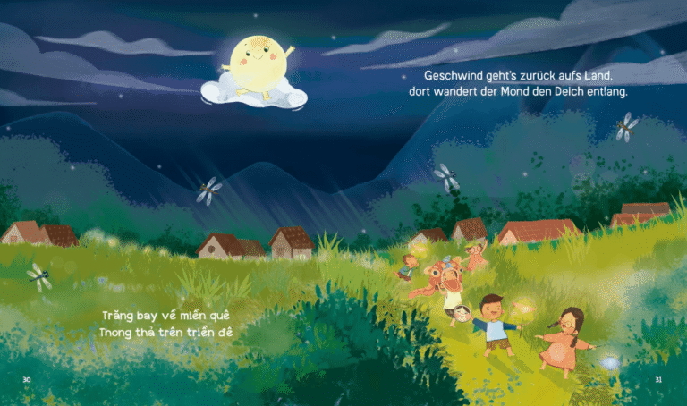 Kinderbuch, Bilderbuch, deutsch - vietnamesisch "Vergnügt wandert der Mond", Horami Verlag
