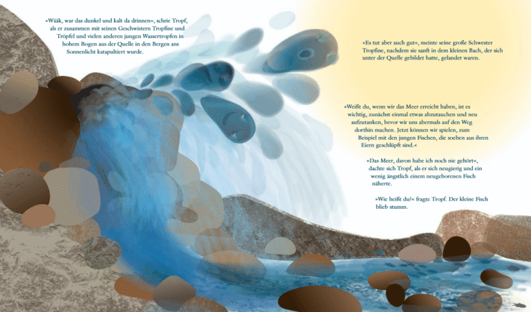 Kinderbuch, Bilderbuch "Tropf auf dem Weg zum Meer", Matthias A. Weiss, Christine Peters, Edition Funkelstern, Verlag Neue Erde